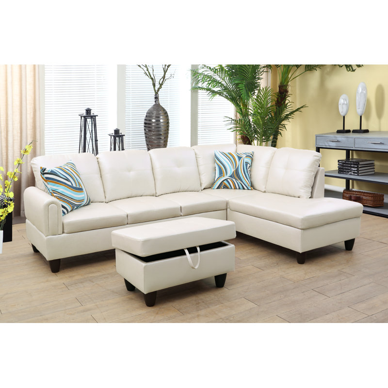 Henryleo Faux Leather L-Shaped Sectional, Right Hand Facing, Off White Faux Leather