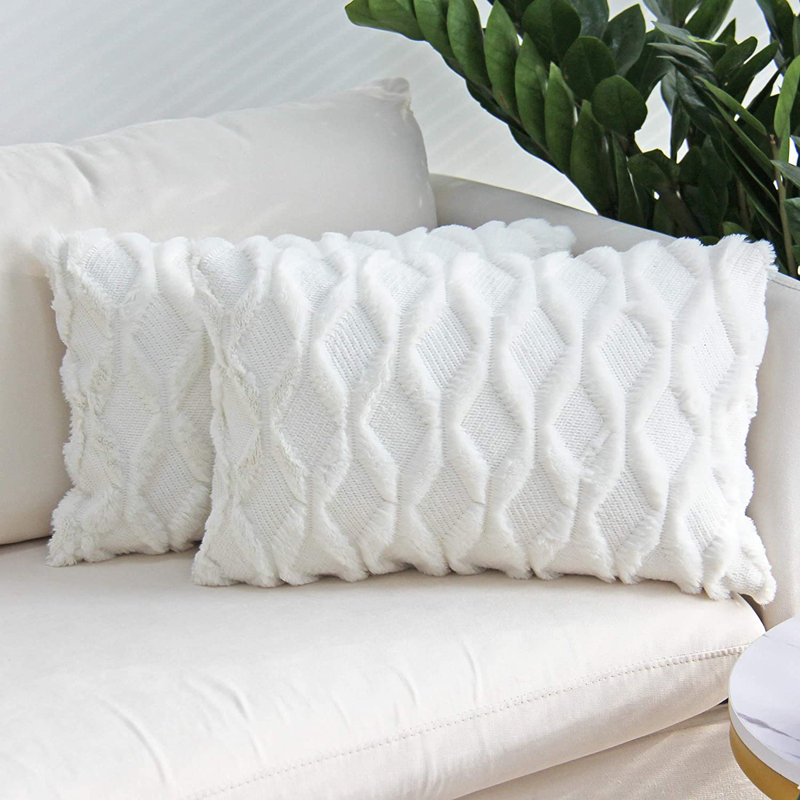 Set of 2 decorative rectangle throw pillows (come with 330g each inserts) size 12"x20" , White, 12"H x 20"W, Polyester