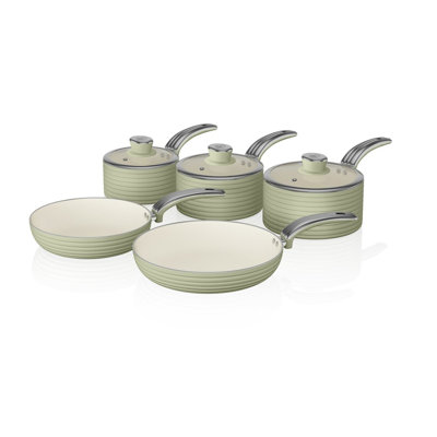 Swan Retro Aluminium Pan Set with Glass Lid, Non-Stick Ceramic Coating
