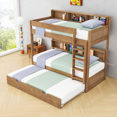 Lit superposé en bois avec lit gigogne simple, tablettes et garde-corps