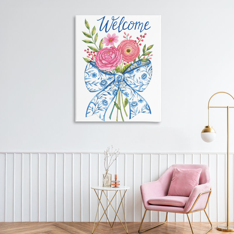 Bow & Flowers Welcome Canvas, conception par Deb Strain, H 40 po x l 30 po