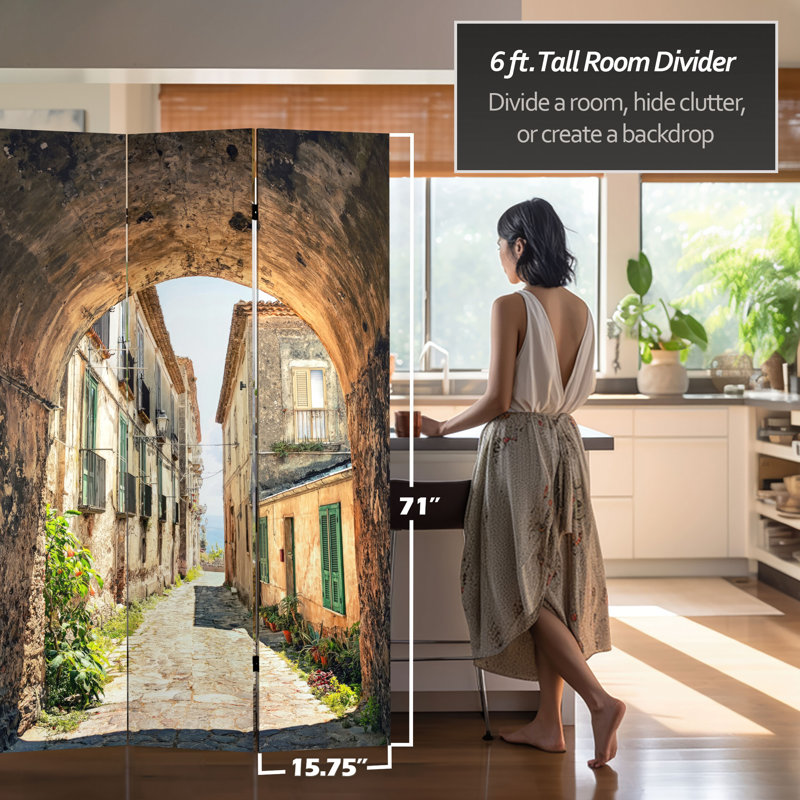6 Ft. Tall Double Sided European Village Canvas Room Divider, Tuscan Village