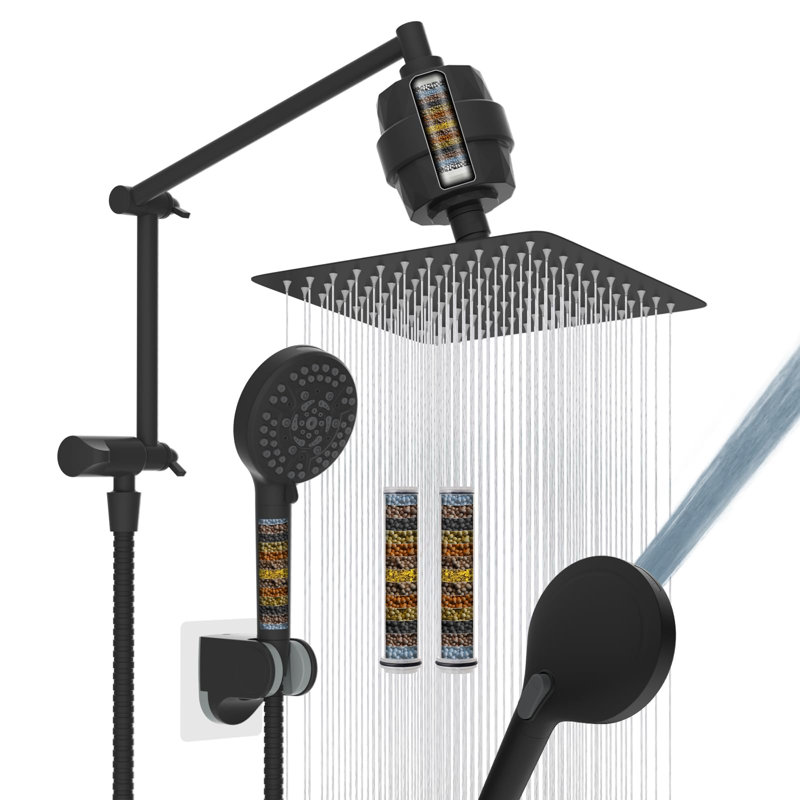 10” High Pressure Rainfall Shower Head With Handheld Spray, 16" Adjustable Extension Arm, 2 Pack Shower Filters, Matte Black