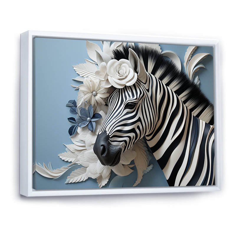 Zèbre noir et bleu de couleur pop III sur toile, H 24 po x l 32 po x P 1 po, Cadre flottant blanc