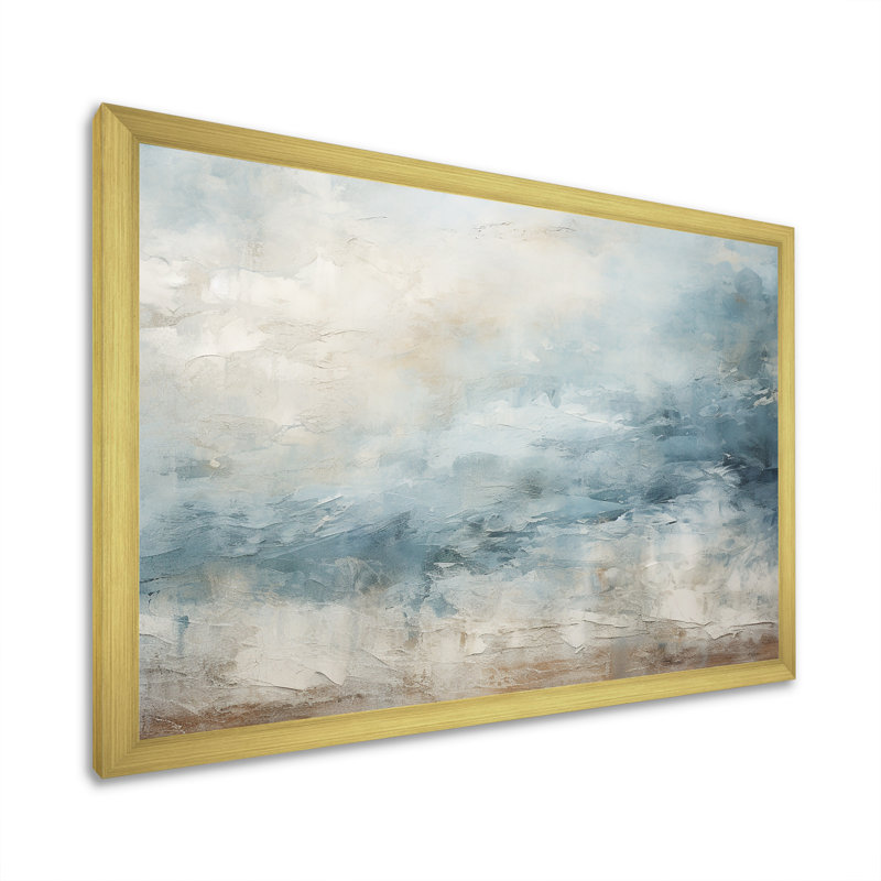 Beige Blue Ocean Storm I - Abstract Shapes Wall Art Prints, Gold Single Picture Framed, 34" H x 44" W x 1.5" D
