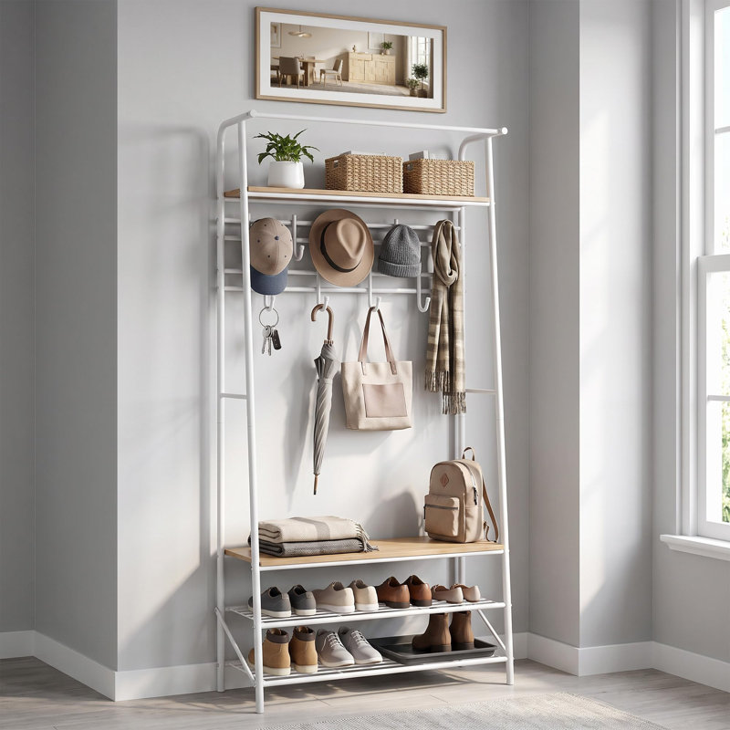 Porte-manteau avec crochets et rangement à chaussures pour entrée, porte-manteau à deux rangées de crochets et étagère à chaussures en filet, meuble de rangement autoportant de style industriel, finition bois clair et blanc