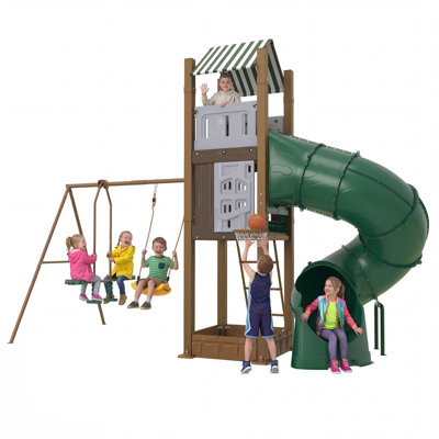 Ensemble de balançoires en métal avec 2 balançoires, soucoupe, barre de trapèze, balançoire à bascule et panier de basketball pour la cour