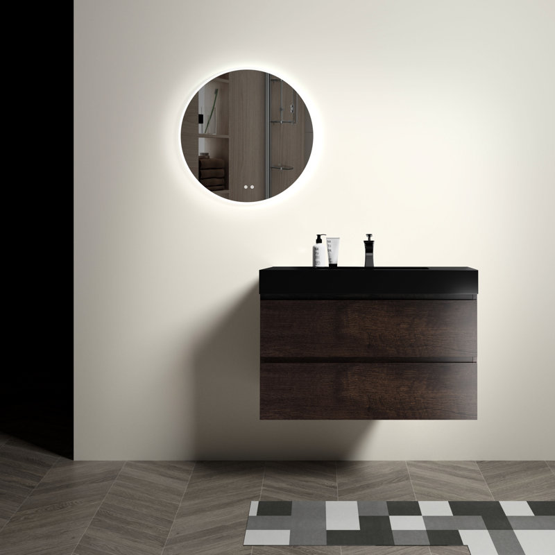 36" Walnut Bathroom Vanity - Modern Look, Silent , Ample Space, Finish And Black Sink Walnut, Closure, Storage, Elegant Detailing Bath Sinks