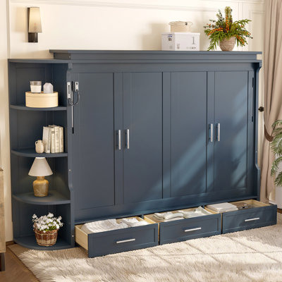 Murphy Platform Bed with Shelf, Side Cabinets, and Drawers , Home Office Space Saver