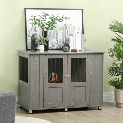 Mobilier de caisse pour chien PawHut, table de bout en bois avec portes magnétiques verrouillables, cage pour animal de compagnie très grande taille, gris