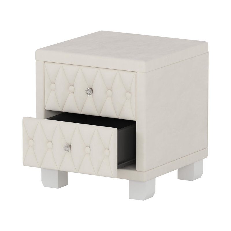 Élégante table de chevet en velours avec 2 tiroirs et poignée en cristal, table de chevet avec capitonnage à boutons, beige