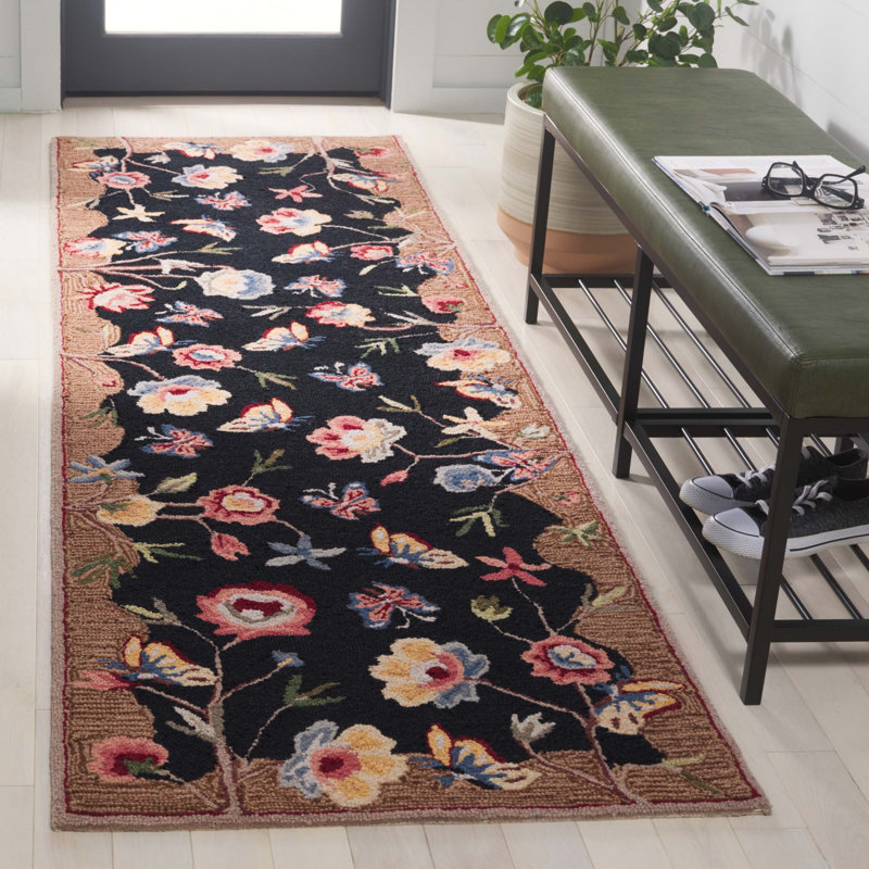 Elihu Hand Tufted Wool/Cotton Floral Rug in Black/Brown, Runner 2'6" x 8'