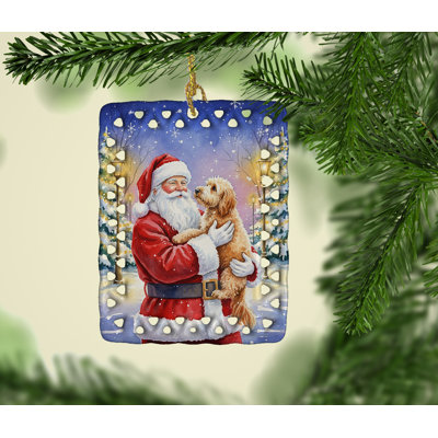 Ornement en porcelaine Goldendoodle avec père Noël