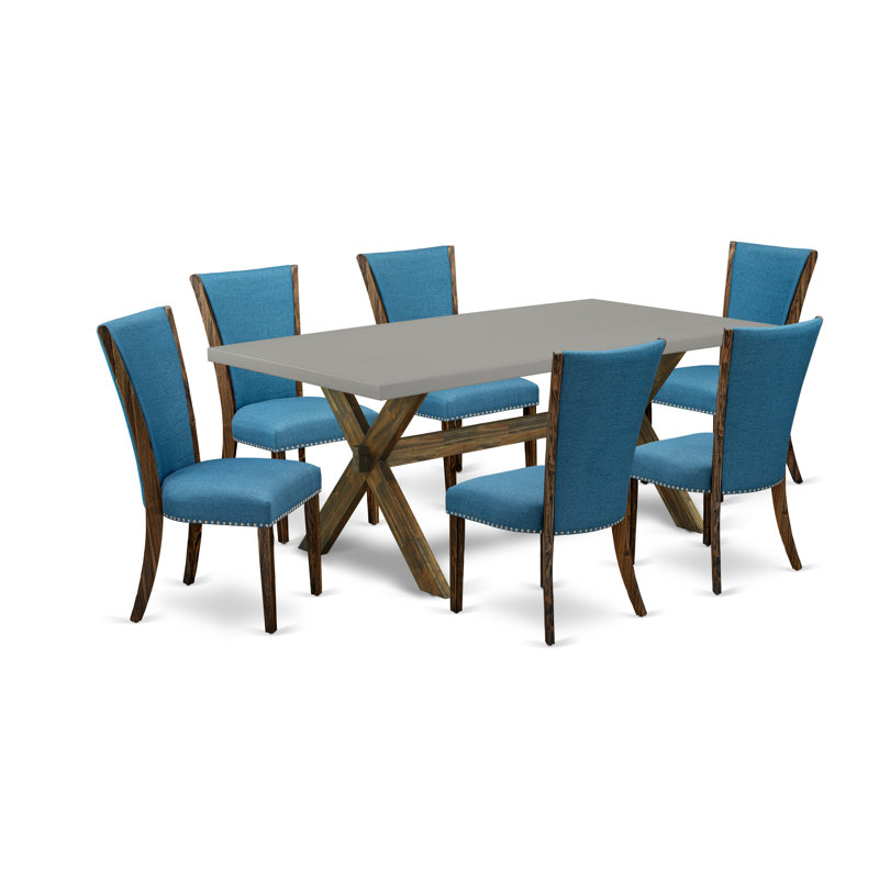 Ensemble de table de salle à manger 7 pièces moderne composé d'une table rectangulaire en bois avec pieds en X et 6 chaises de salle à manger Parson