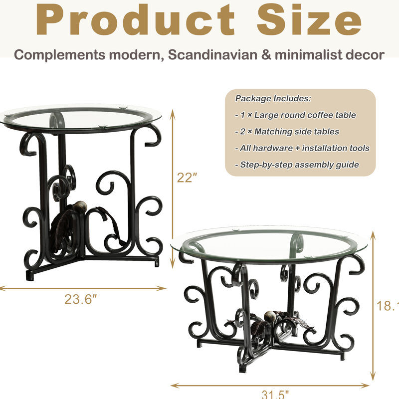 3 tables basses, petits appartements, verre trempé épais de 5 mm, cadre facile à entretenir, coins arrondis, - Espaces