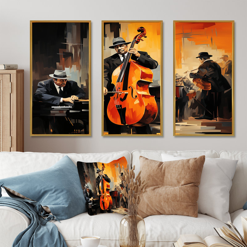 «Orange Essence Of Jazz III» - Art mural américain, Cadre flottant doré, H 40 po x l 60 po