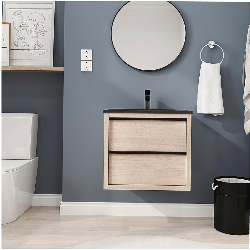 Meuble-lavabo 24 po avec lavabo en céramique noire et 2 tiroirs, Noir