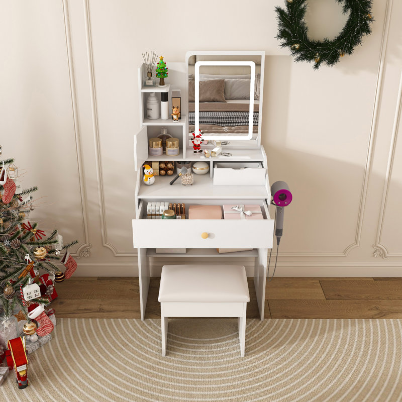 Vanity Desk with Mirror and Lights, Makeup Vanity Table with Charging Station & Hair Dryer Holder, Small Dressing Table with 2 Drawers, 5 Cabinets and Storage Stool, 3-Color Dimmable LED Mirror, White