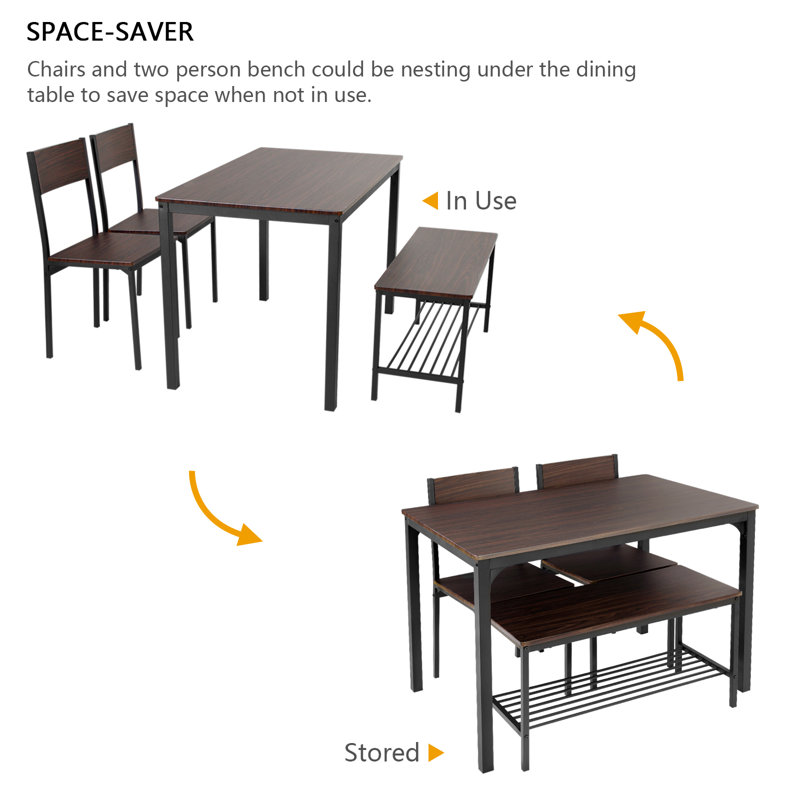 Pickell 4-Person Dining Table Set, 2 Chairs With Backrest,2-Person Bench With Storage Rack, Walnut