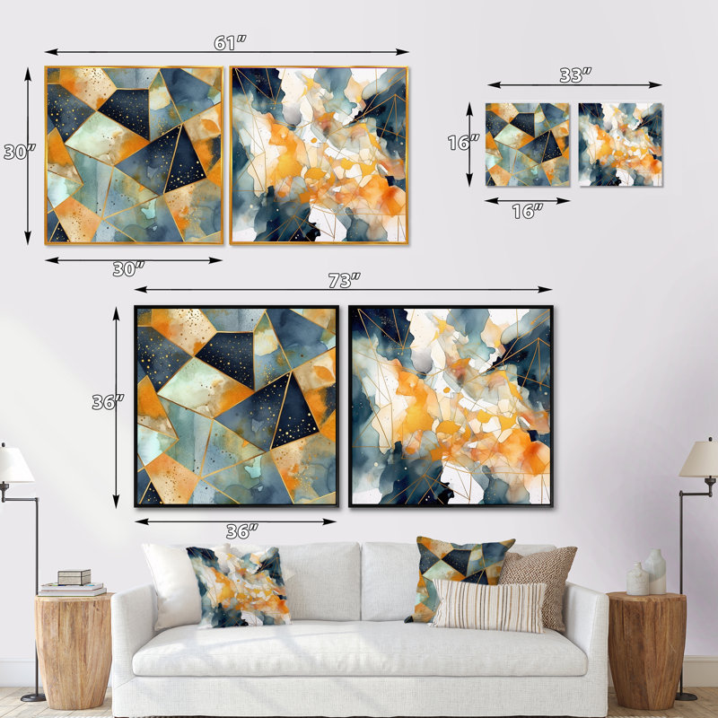 «Blue Yellow Asymmetric Marble Shapes» 2 pièces, Cadre noir, H 16 po x l 33 po