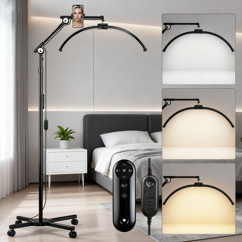 Lampe demi-lune pour les cils, lumière DEL réglable de 27,5 po avec support pour téléphone, rotation à 360 ° pour un éclairage sans ombre dans les salons de beauté