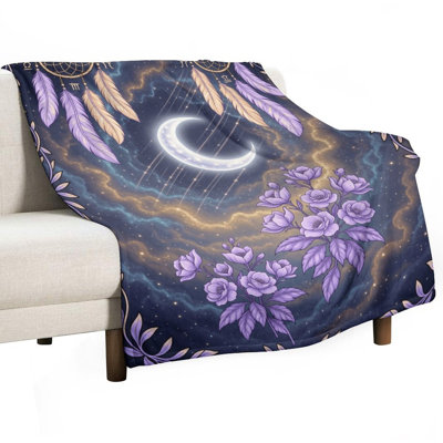 Dreamcatchers Moon Stars Flowers Celestial Luxury Flannel Throw Blanket, Soft Warm Fuzzy Blanket for Living Room Sofa Bed Home Decor