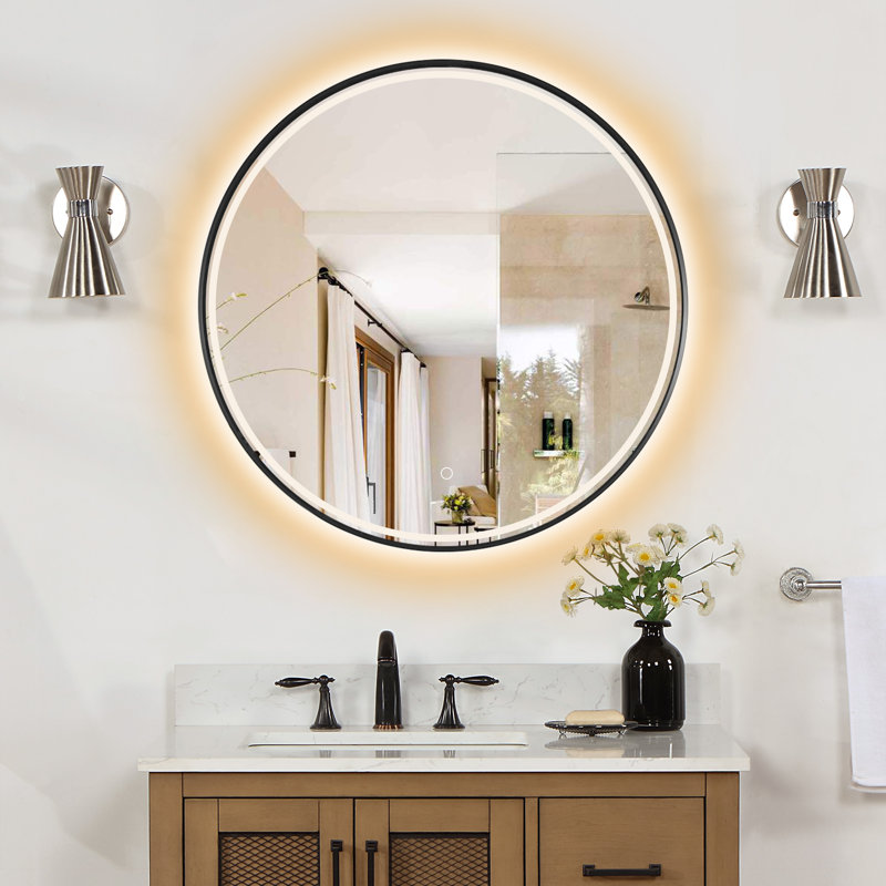 Miroir de salle de bain rond, Noir, 32 po x 32 po