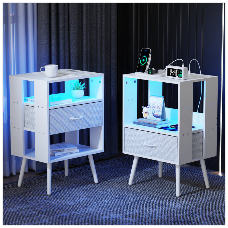 2 Pack Modern Nightstand With Charging Station, LED Light, And Fabric Drawers For Enhanced Convenience And Storage, White