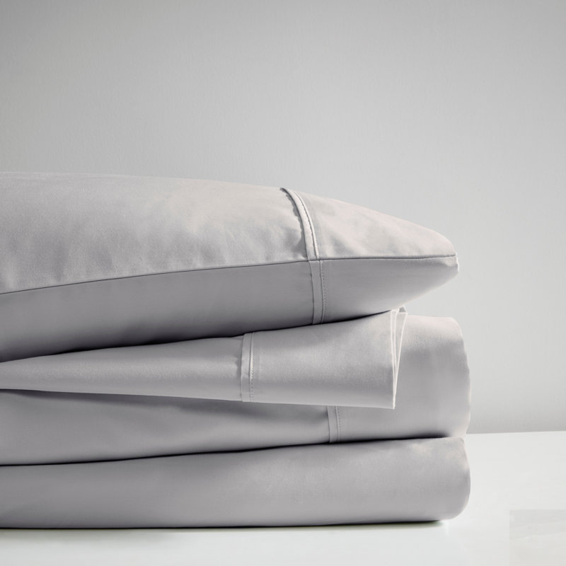 Ensemble de draps 4 pièces en mélange de coton rafraîchissant, gris, évacuant l'humidité pour un sommeil confortable
