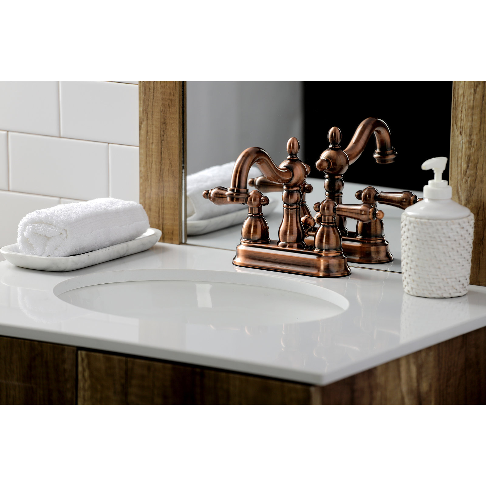 Kingston Brass Heritage Two-Handle 3-Hole Deck Mount 4" Centerset Bathroom Faucet with Plastic Pop-Up, Antique Copper