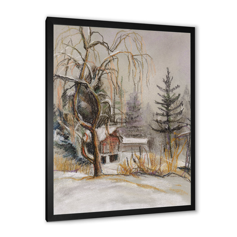Winter Village Landscape II - peinture, Cadre photo noir, H 20 po x l 12 po x P 1 po