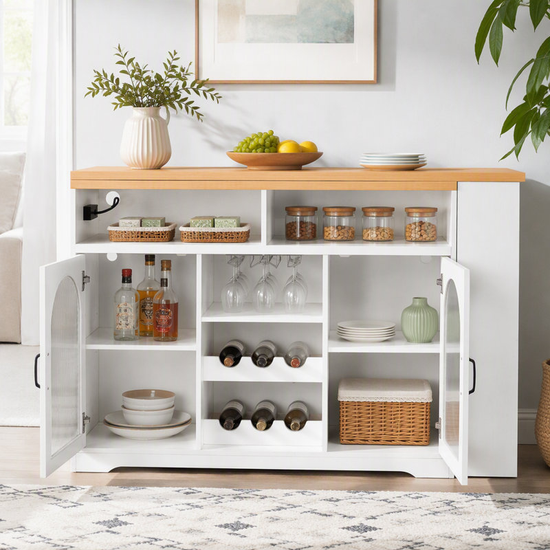 Buffet avec plateau de table extensible et support à vin, table de bar à hauteur de comptoir avec éclairage à DEL de couleur et prise de courant à gauche, armoire à vin mobile sur roulettes