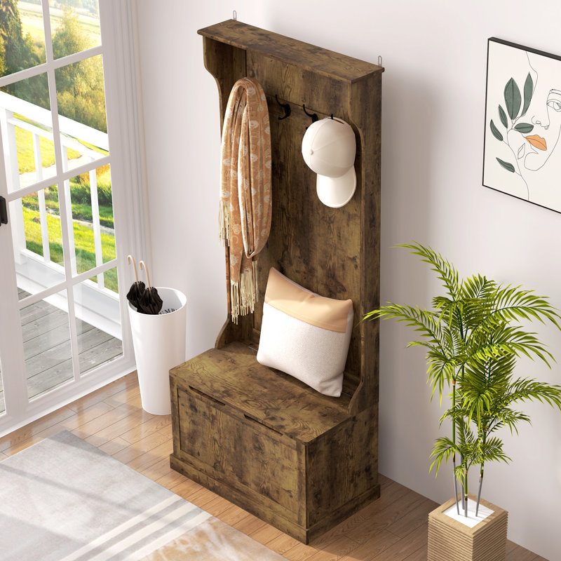 Arbre d'entrée avec portemanteau, rangement et banc assis, brun rustique