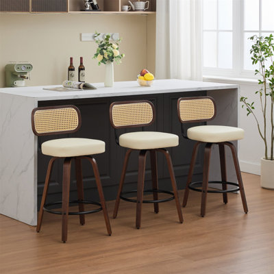 Set Of 3 Counter Height Bar Stools - 26 Inch Rattan Counter Height Stools With Cane Back, Upholstered Seat, Walnut Craftsmanship, Swivel Counter Stools For Island/Kitchen/Counter/Bar