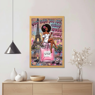 Afro Woman On Perfume Bottle With Eiffel Tower Background Canvas Wrapped Wall Art Oil Painting Print Set Of 1