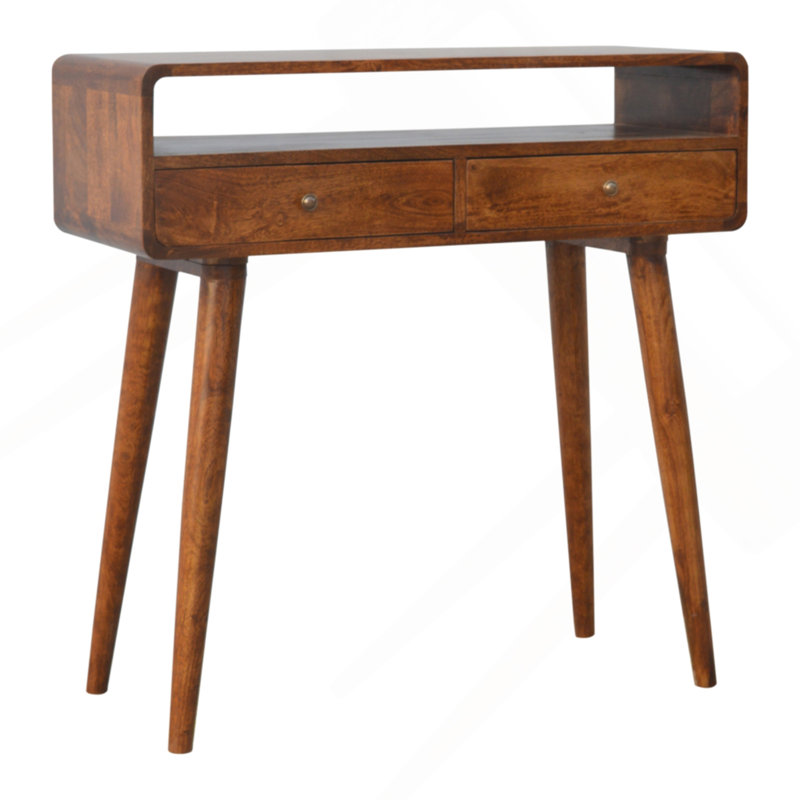 Console incurvée en châtaignier, 2 tiroirs, 1 rangement ouvert, brun, Châtaigne