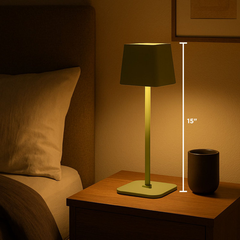  Lampe de table carrée à abat-jour à DEL, lumière sans fil rechargeable, accent lumineux pour bureau, table de chevet ou salon, 15 po, vert printemps