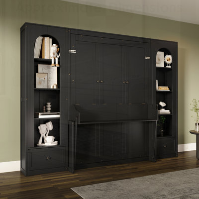 Murphy Platform Bed with Shelf, Side Cabinets, Drawers, and LED Lighting for Space-Saving and Modern Design