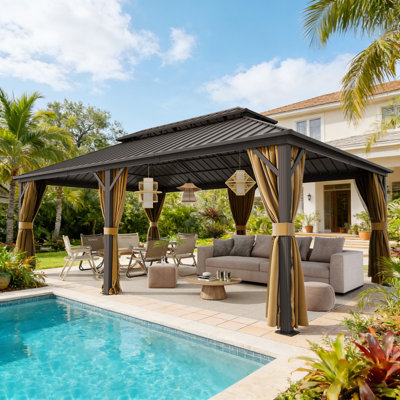  Outdoor Patio Gazebo, Hardtop Gazebo with Galvanized Steel Roof & Aluminum Frame,Heavy Duty Permanent Pavilion with Netting & Curtains for Patio, Lawn, Deck