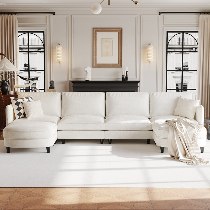 141.5'' Wide U-Shaped 6-Seater Sofa with Storage Pockets, Beige Polyester
