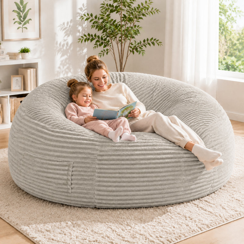 71" Giant Foam Bean Bag Chair, Oversized Round Chaise Lounge with Side Pocket for Kids, Teens, Adults,  White, White Corduroy