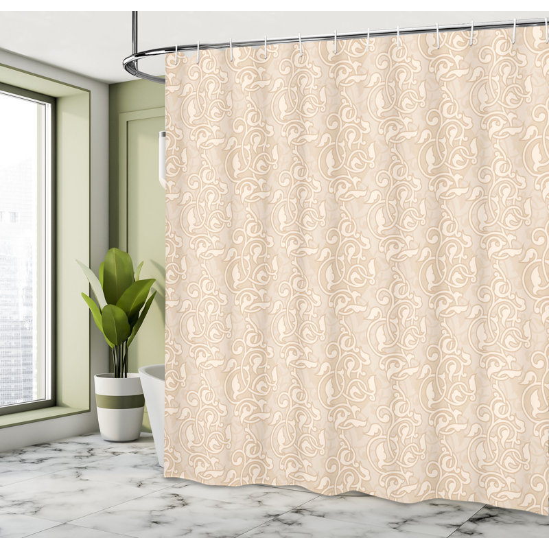 Beige Fabric Shower Curtain with Floral Patterns and Hooks