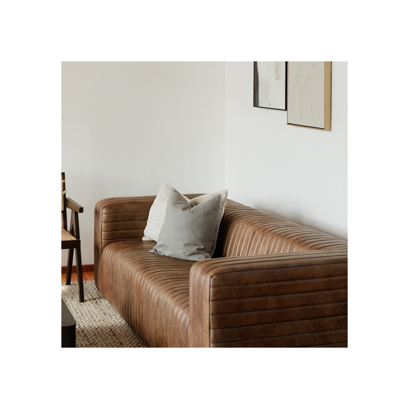 Jeanette 95" Genuine Leather Square Arm Chesterfield Sofa, Cappuccino Genuine Leather