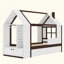 Lit plateforme House avec tiroirs, lit maison en bois massif avec tablettes, conception enfantine-129387351