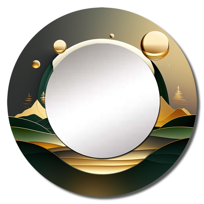 Perritt Dreamy Golden Mountain III - miroir mural unique en marbre, miroir rond vert, impression d'art en métal