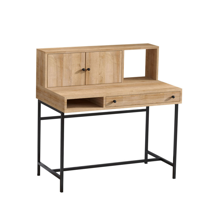 Modern Study Desk with Metal Legs, Sapphire Oak & Black, 39.4 x 40.6 x 23.6 inches | 100% Melamine Coated Particle Board, Thickness: 0.7 inches | Features Wall-Mountable Design & Numerous Shelves for Organized Workspaces