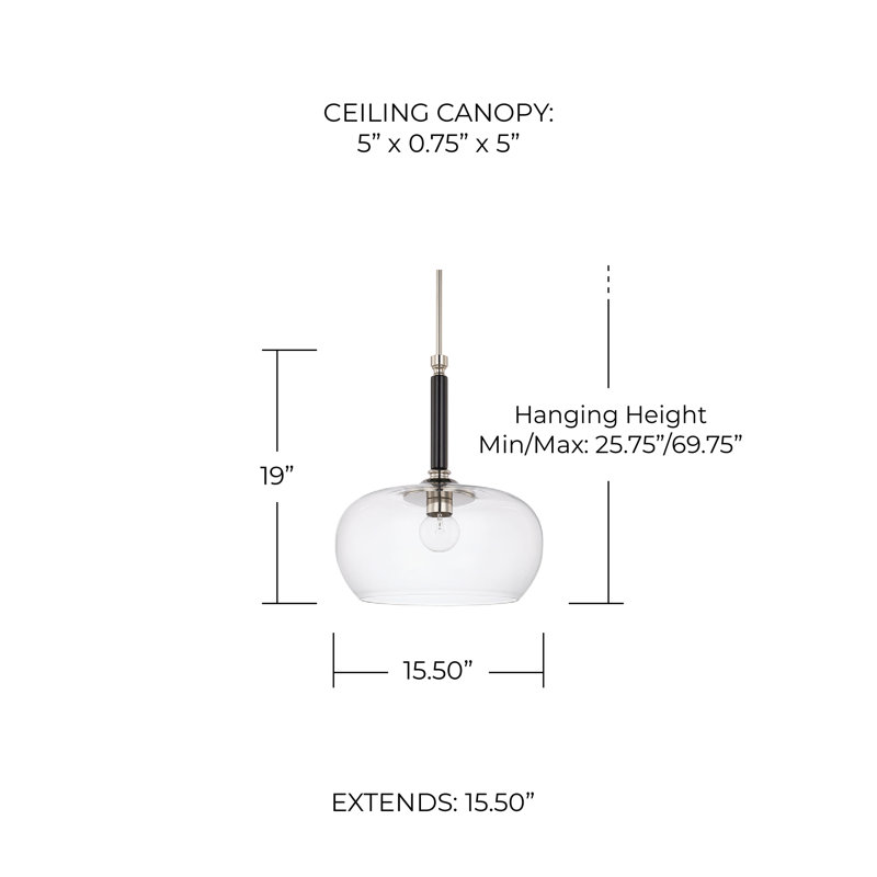 Luminaire suspendu en dome à 1 lumière, Tige noire matte et nickel brossé