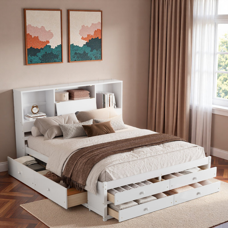 Lit plateforme avec tête de lit avec rangement et 8 tiroirs, Blanc / Blanc, Grand lit