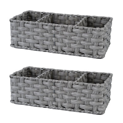 2 Pack 3-Section Wicker Storage Baskets, Waterproof Divided Toilet Tray Topper for Bathroom Shelf Organization