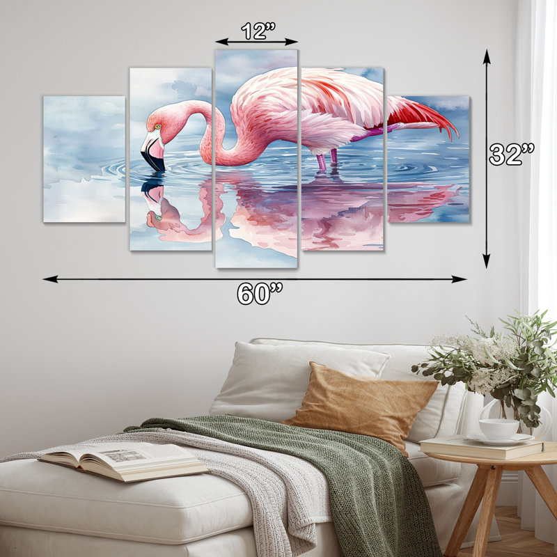 Flamant rose reflets au bord du lac I - Art mural animal flamant - ensemble de décoration murale moderne